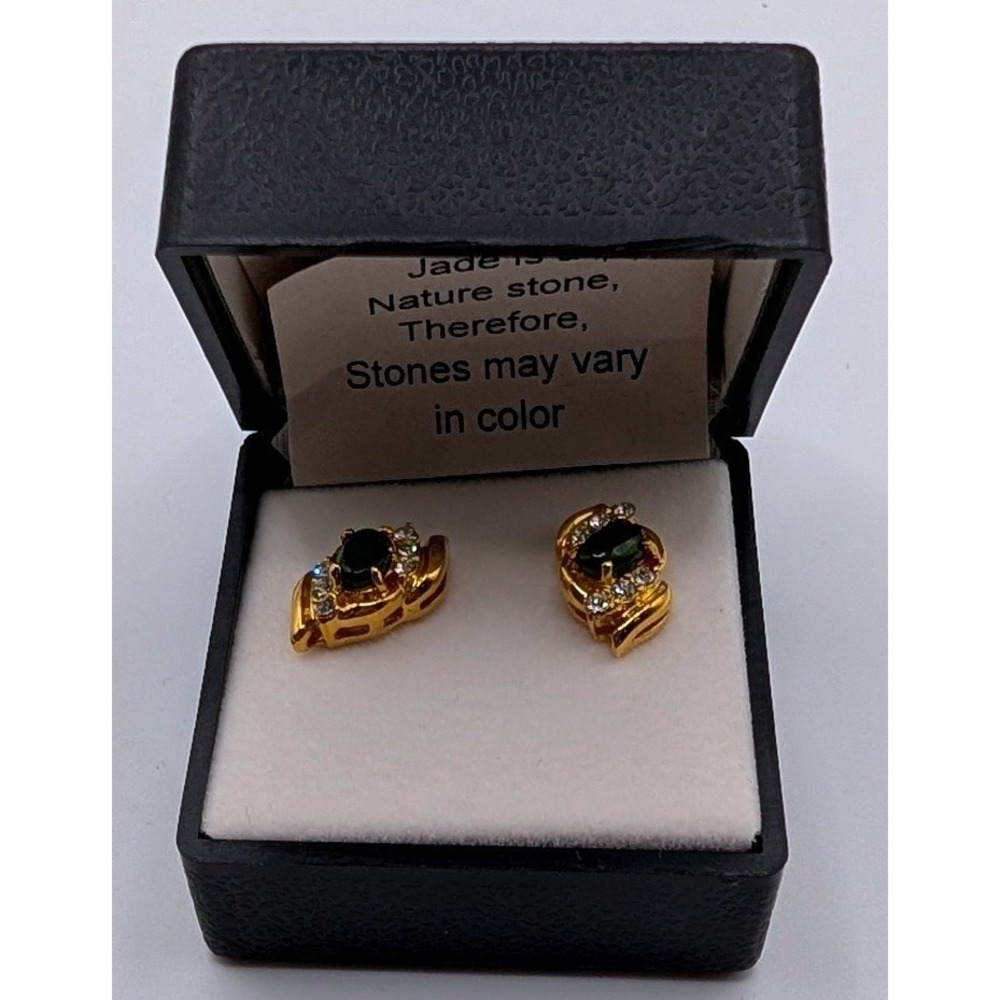 KAS Genuine Jade Pierced Earrings Gold Plated Green Stone Crystal Accents JAPEAR